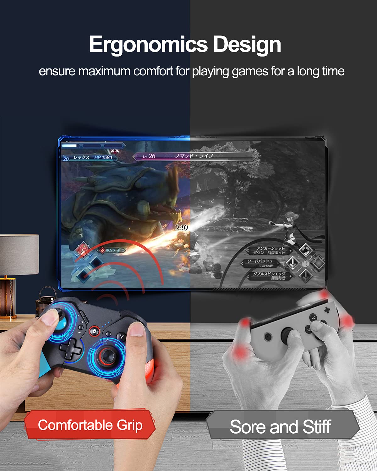 Switch Controller for Nintendo with Wake Up, Bluetooth Gamepad Remote Grip with Macro Motion Vibration Turbo RGB Light, Wireless Pro Controller Joy Con Switch for Kids Gifts - Blue&Red