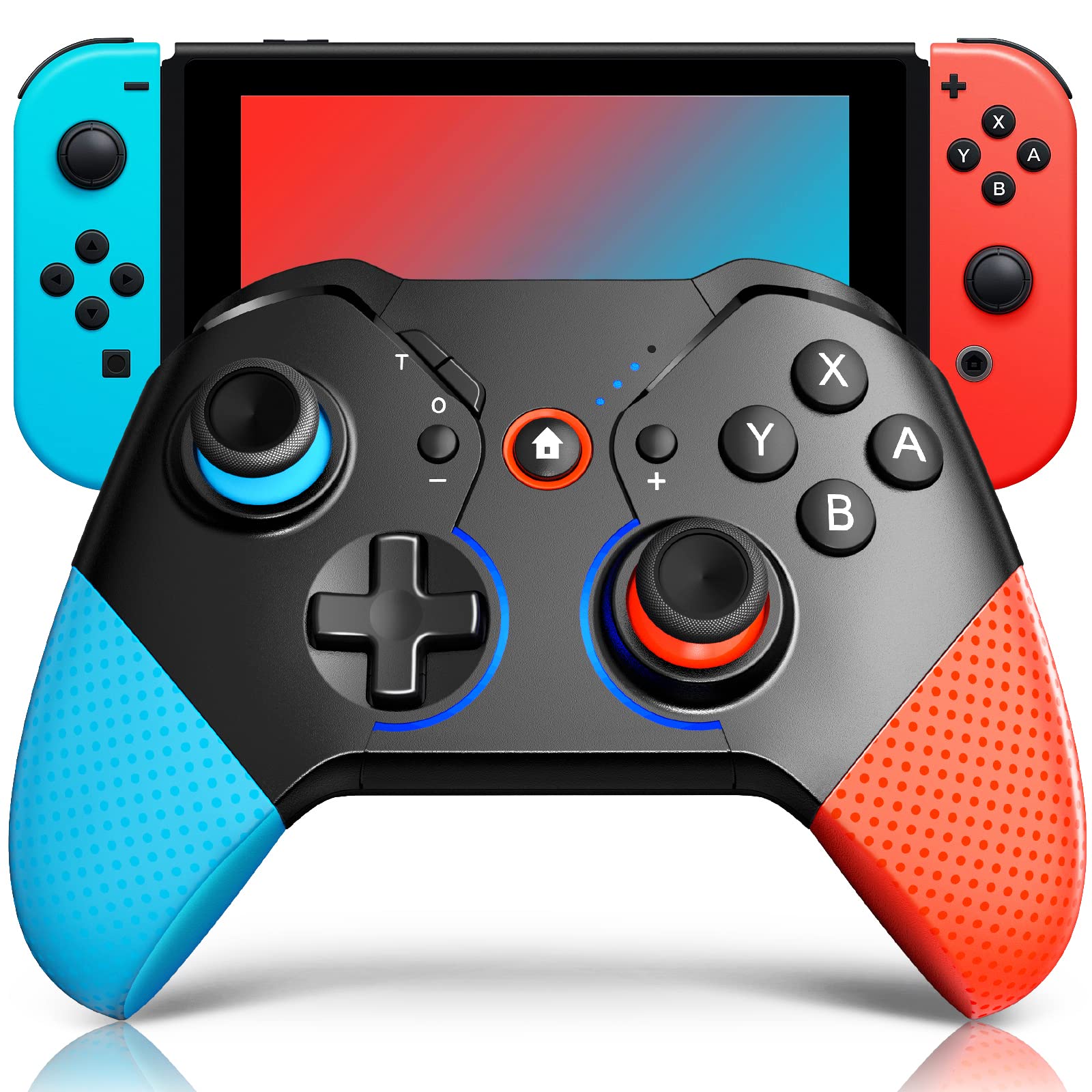 Switch Controller for Nintendo with Wake Up, Bluetooth Gamepad Remote Grip with Macro Motion Vibration Turbo RGB Light, Wireless Pro Controller Joy Con Switch for Kids Gifts - Blue&Red