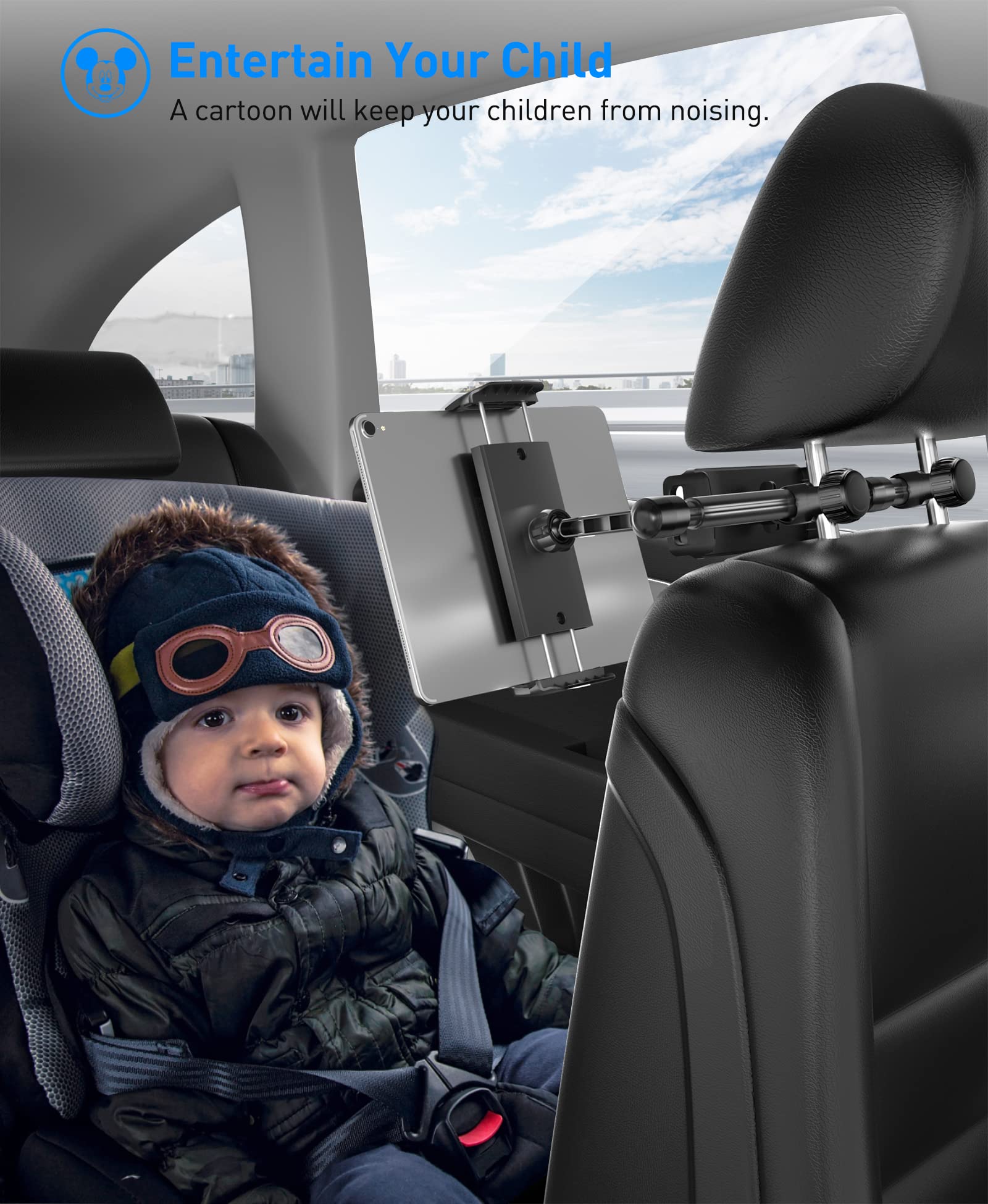 Car Headrest Tablet Mount Holder: Double Cradles Backseat Stand with Extension Arm for Kids Compatible Phone | iPad Pro Air Mini | Galaxy Tabs | Kindle Fire HD | Switch Lite & Other 4.7-12.9" Device