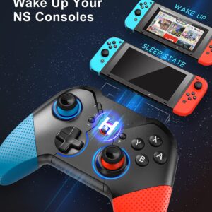 Switch Controller for Nintendo with Wake Up, Bluetooth Gamepad Remote Grip with Macro Motion Vibration Turbo RGB Light, Wireless Pro Controller Joy Con Switch for Kids Gifts - Blue&Red