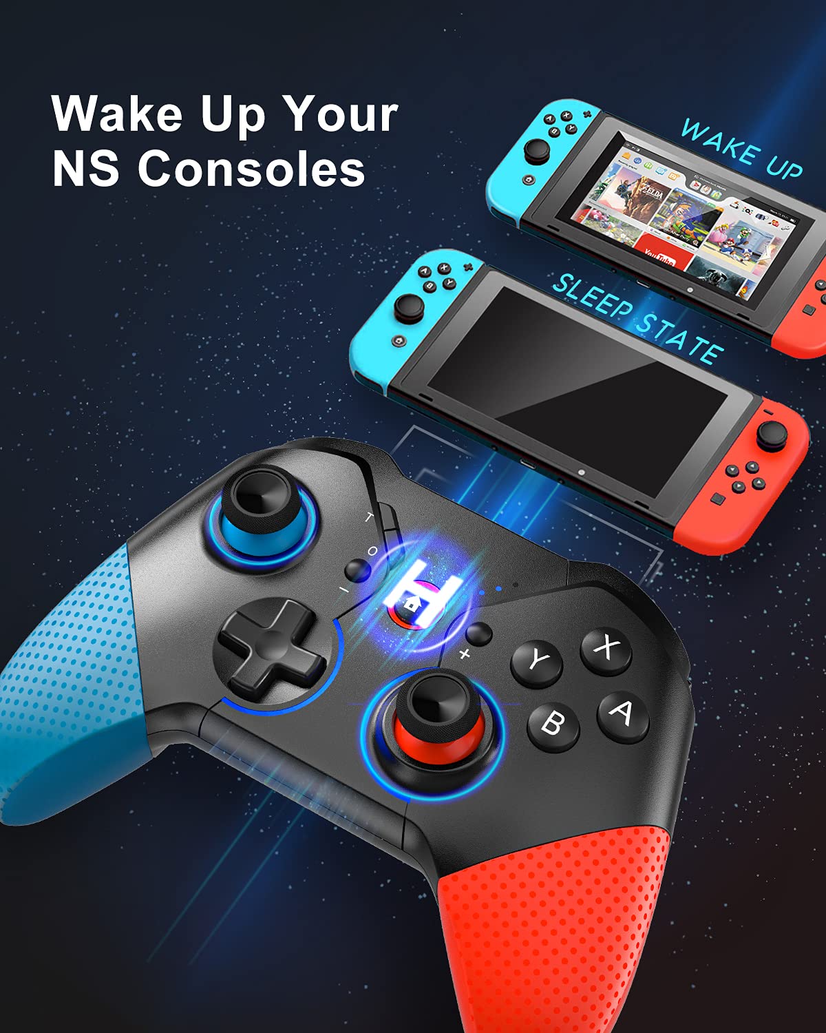 Switch Controller for Nintendo with Wake Up, Bluetooth Gamepad Remote Grip with Macro Motion Vibration Turbo RGB Light, Wireless Pro Controller Joy Con Switch for Kids Gifts - Blue&Red