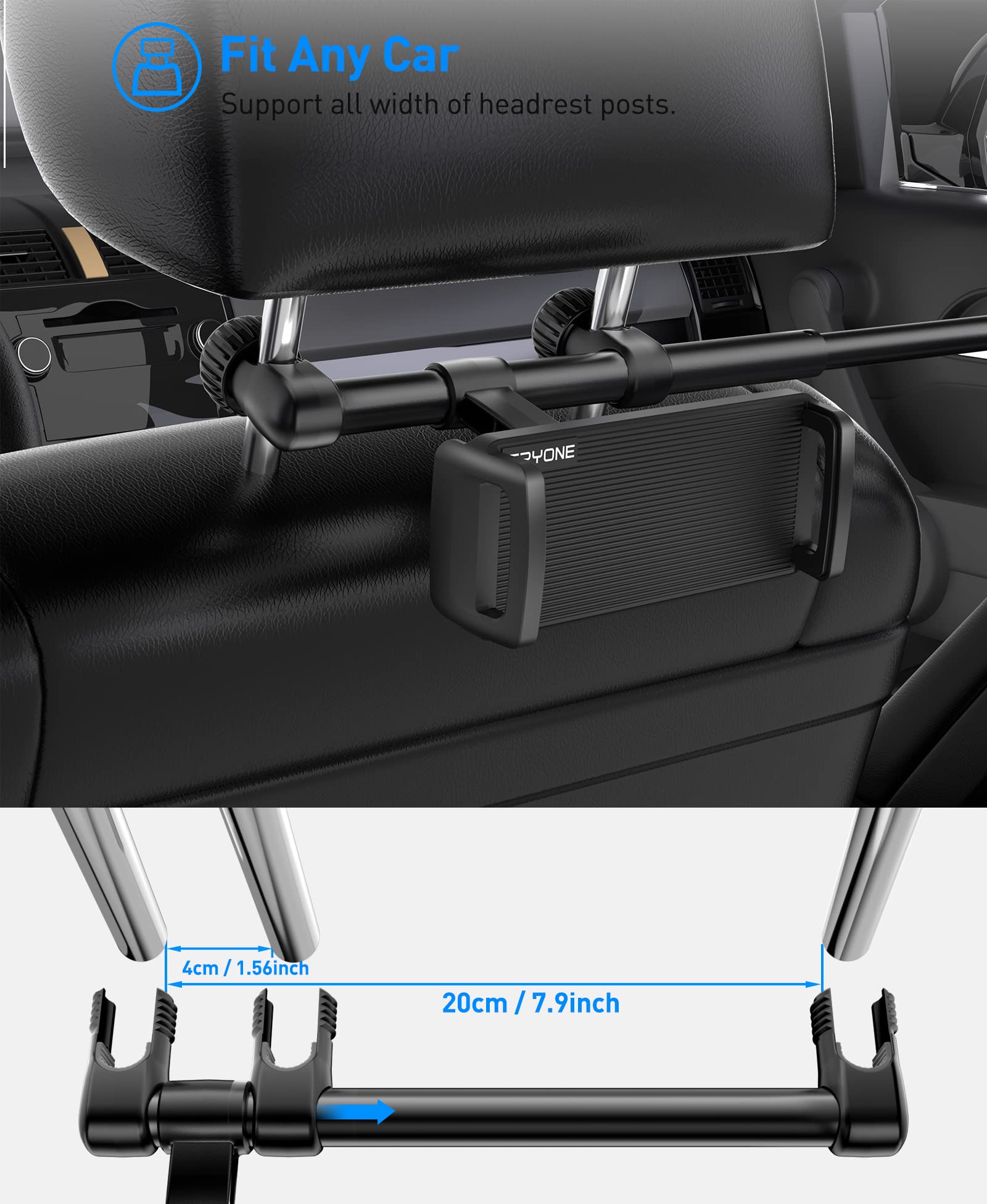 Car Headrest Tablet Mount Holder: Double Cradles Backseat Stand with Extension Arm for Kids Compatible Phone | iPad Pro Air Mini | Galaxy Tabs | Kindle Fire HD | Switch Lite & Other 4.7-12.9" Device