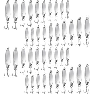 hestya 20 pieces fishing lures fishing spoons saltwater treble hooks lures hard metal spinner baits 5 sizes casting spoon lures for salmon bass in 1/5 oz 1/4 oz 3/8 oz 1/2 oz 3/4 oz (silver)