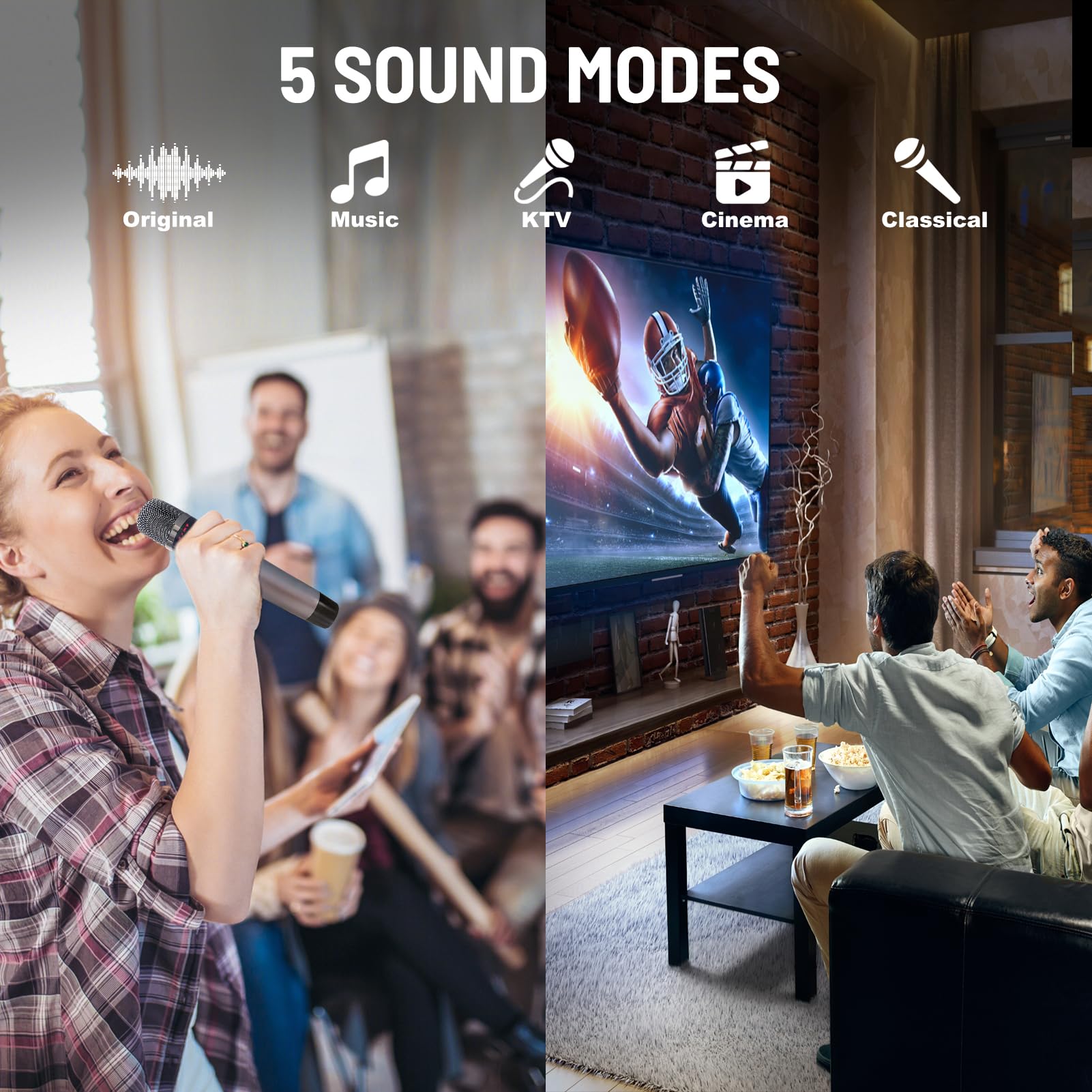 RHM K222 Karaoke Machine, Bluetooth Speaker with 2 UHF Wireless Microphones, 5 Sound Modes, Support Optical, Bluetooth, AUX, USB, PC, Wooden Party Speaker for TV, Home Party, Karaoke, Meeting