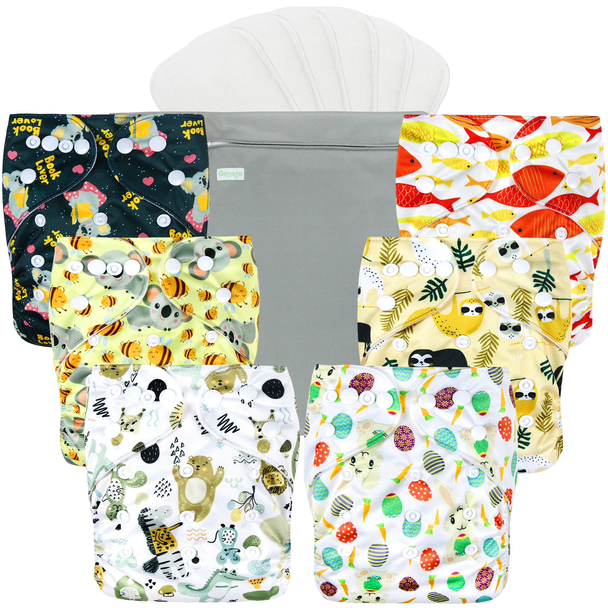 wegreeco Cloth Diapers 6 Pack with 6 Inserts & 1 Wet Bag, Washable Cloth Diapers for Babies, One Size Adjustable Reusable Diapers Baby (Animal World)