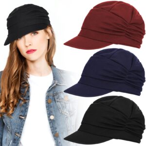 Geyoga 3 Pieces Soft Breathable Newsboy Cap for Women Chemo Headwear Women Oversized Slouch Hat with Brim for Women Ladies(Black, Navy Blue, Wine Red)