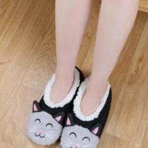 DICUIRD Womens Cozy&Warm Animal Slipper Socks with Grippers-House Socks(Black Cat, 8-10)