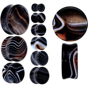 Body Candy 7/8 2PC Natural Black Line Agate Stone Saddle Plugs Double Flare Plug Ear Plug Gauges Set of 2