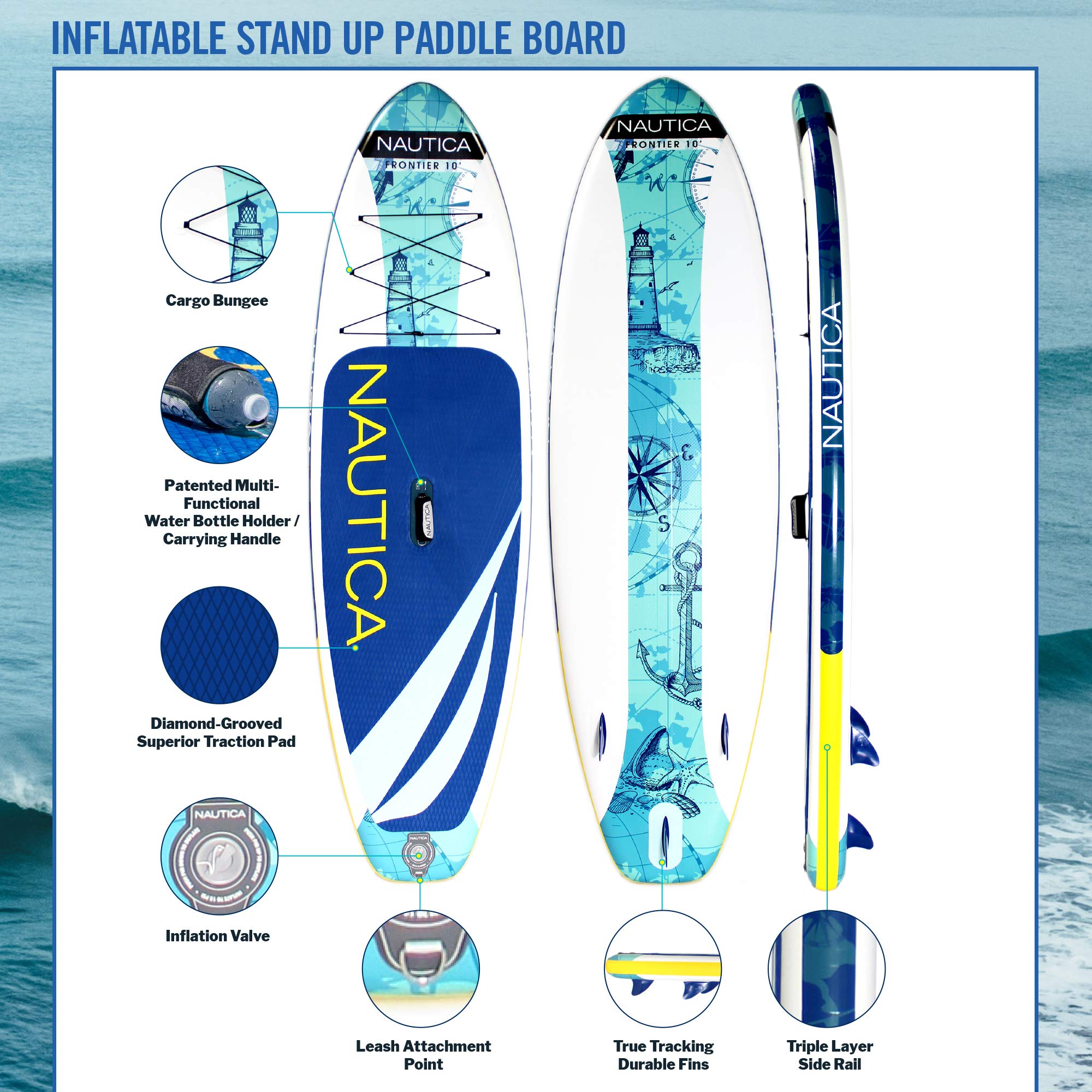 Inflatable Paddle Board Nautica Frontier 10' - Portable Paddle Board Package with Inflatable SUP Board, Paddle, Hand Pump, Ankle Leash, Dry Pouch, Repair Kit, and Storage Backpack