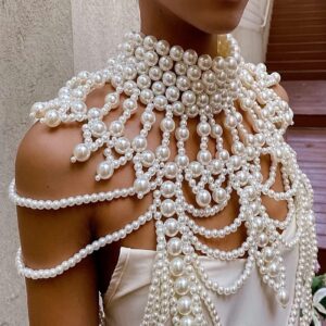 CCbodily Pearl Body Chain Bra - Fashion Shoulder Necklaces Bra Chain Body Jewelry(E-WHITE)