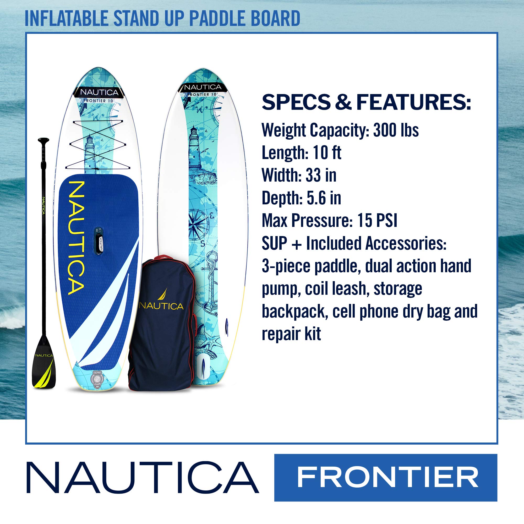 Inflatable Paddle Board Nautica Frontier 10' - Portable Paddle Board Package with Inflatable SUP Board, Paddle, Hand Pump, Ankle Leash, Dry Pouch, Repair Kit, and Storage Backpack