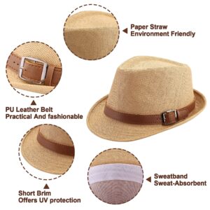 FALETO Summer Straw Fedora Hat for Men Women Mens Beach Hats Cuban Hat Sun Hat Unisex Short Brim Fedora Panama Trilby Hat with Leather Belt