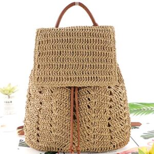 Hyuyikuwol Lightweight Straw Crochet Backpack Hollow Out Drawstring Shoulders Bag for Women One Size