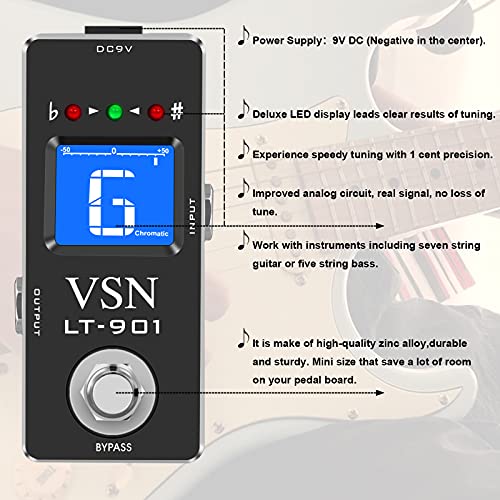 VSN Tuner Pedal,Chromatic Guitar Tuner Pedal Fast and Accuate Tuner for High Precision ± 1 Cent with Pitch Indicator for Electric Guitar and Bass True Bypass LT-901