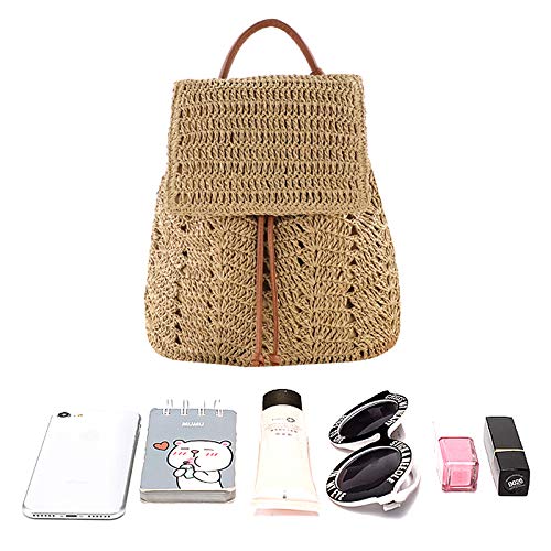 Hyuyikuwol Lightweight Straw Crochet Backpack Hollow Out Drawstring Shoulders Bag for Women One Size