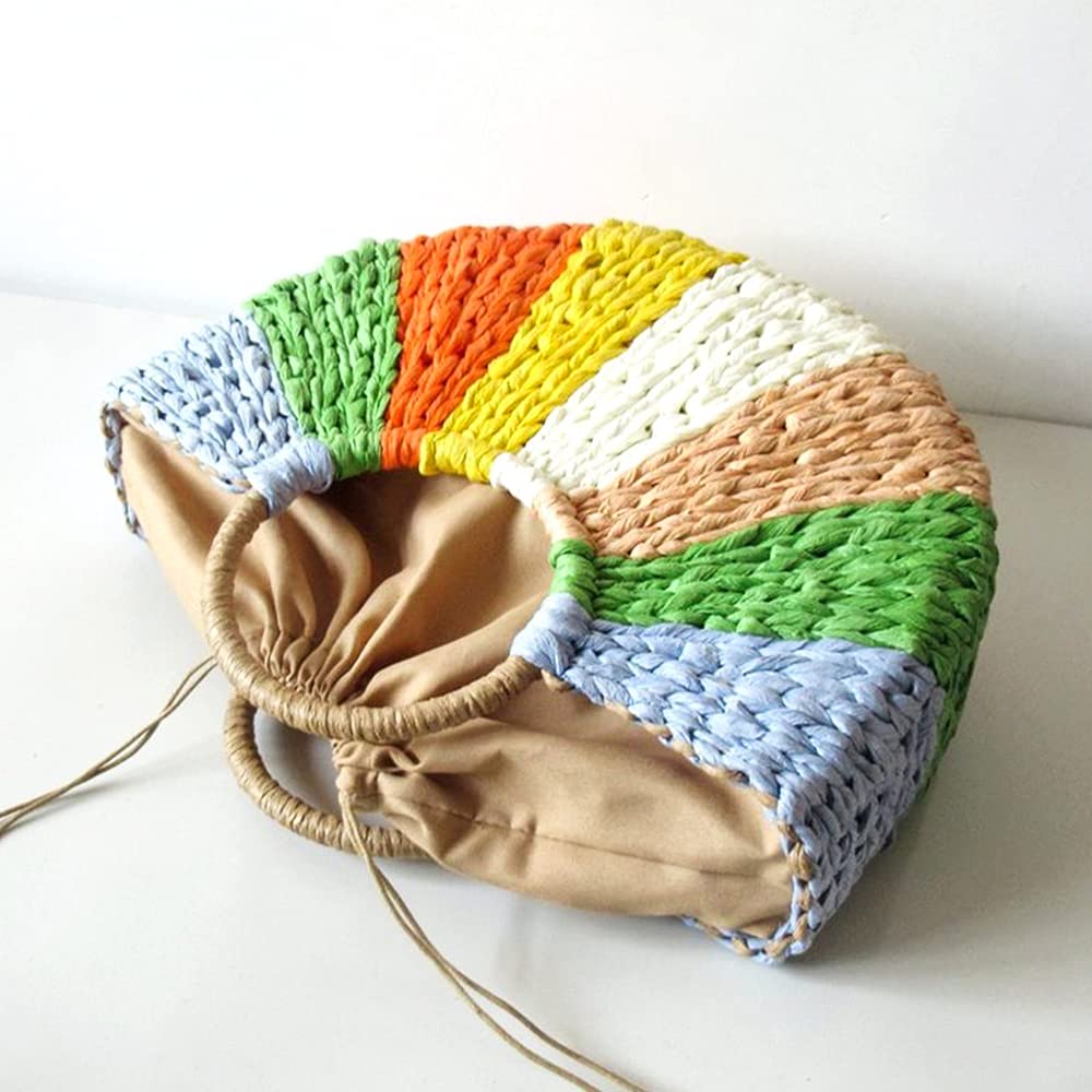 QTKJ Simple Retro Semi-circle Rattan Straw Bag Hand-Woven Round Women Straw Paper Handbag Summer Beach Bag Tote Straw Bag Purse (Colorful)