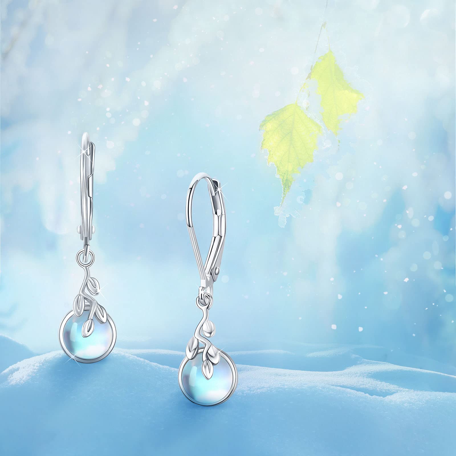 Moonstone Leverback Earrings for Women Sterling Silver Tree Life 6mm Moonstone Dangle Earrings Jewelry Gifts Hypoallergenic Earrings for Women Daughter Sensitive Ears