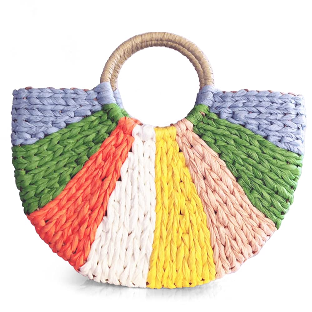 QTKJ Simple Retro Semi-circle Rattan Straw Bag Hand-Woven Round Women Straw Paper Handbag Summer Beach Bag Tote Straw Bag Purse (Colorful)