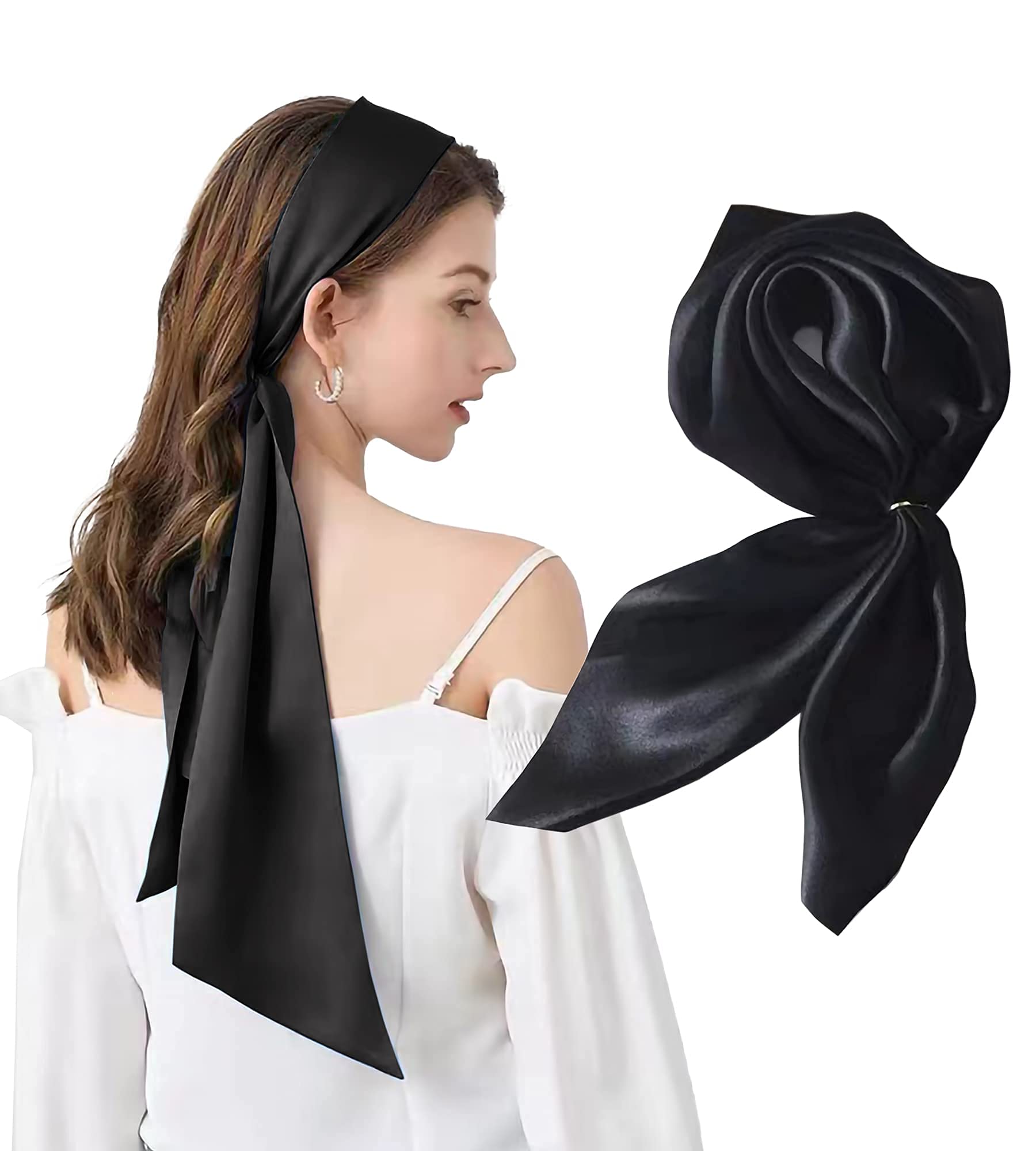 YILANFULL Silk Head Scarf for Women Silk Scarf 35'' Black Head Wrap Scarf Gifts for Mom Lightweight Head Scarves Square Bandanas