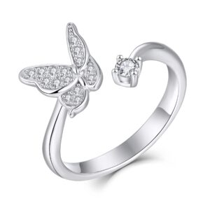 JO WISDOM Women Ring,925 Sterling Silver AAA Cubic Zirconia Butterfly Promise Wedding Engagement Open Rings Adjustable for Women size 5