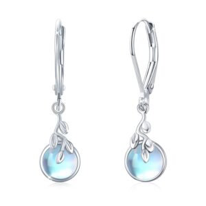 Moonstone Leverback Earrings for Women Sterling Silver Tree Life 6mm Moonstone Dangle Earrings Jewelry Gifts Hypoallergenic Earrings for Women Daughter Sensitive Ears