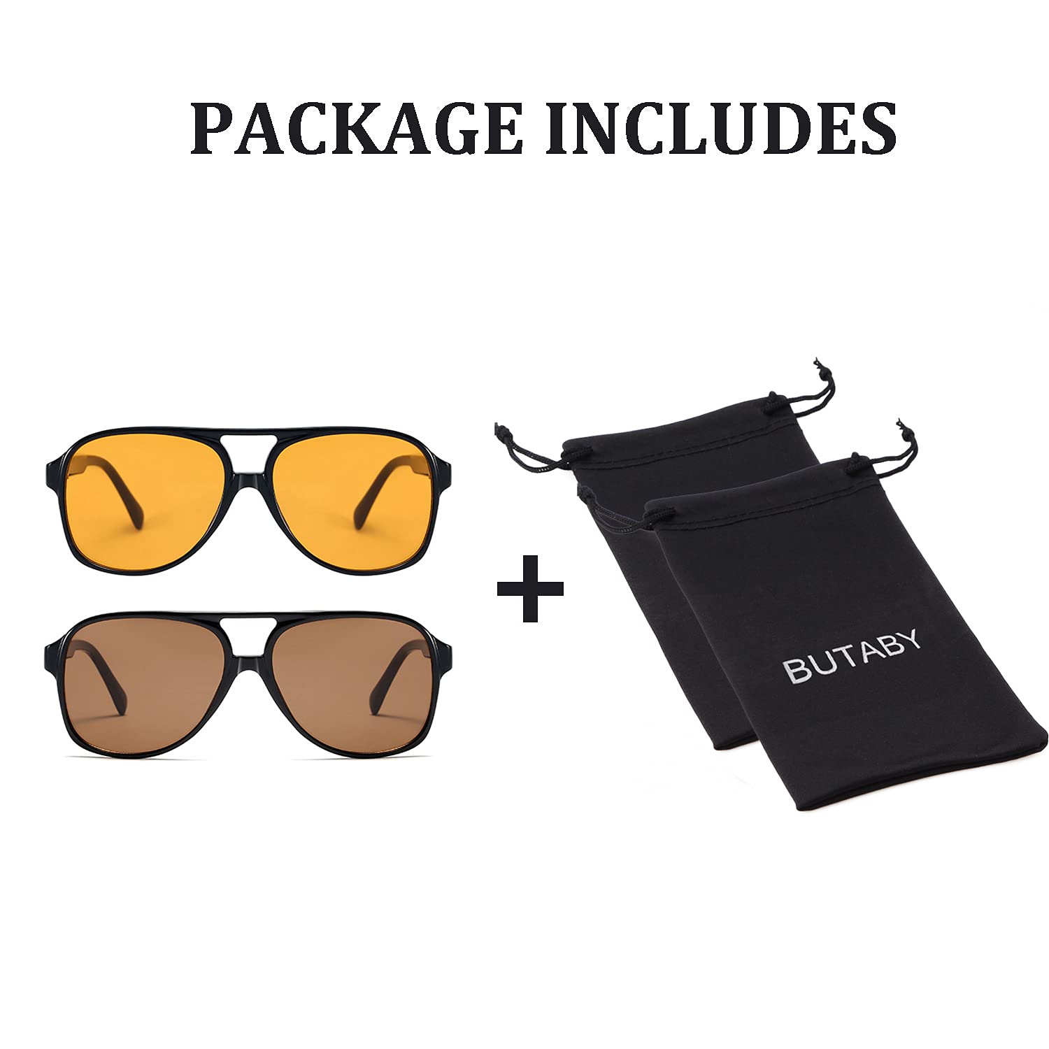 BUTABY Vintage Aviator Sunglasses for Women Men Retro 70s Glasses Classic Large Squared Frame UV400 Protection Black Yellow & Black Brown