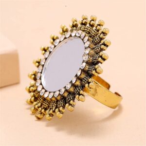 Dtja Vintage Mirror Sunflower Big Statement Ring for Women Oxidized Gold Plated Cubic Zirconia Adjustable Expandable Boho Round Open Band Rings Comfort Fit Indian Bollywood Cocktail Party Jewelry