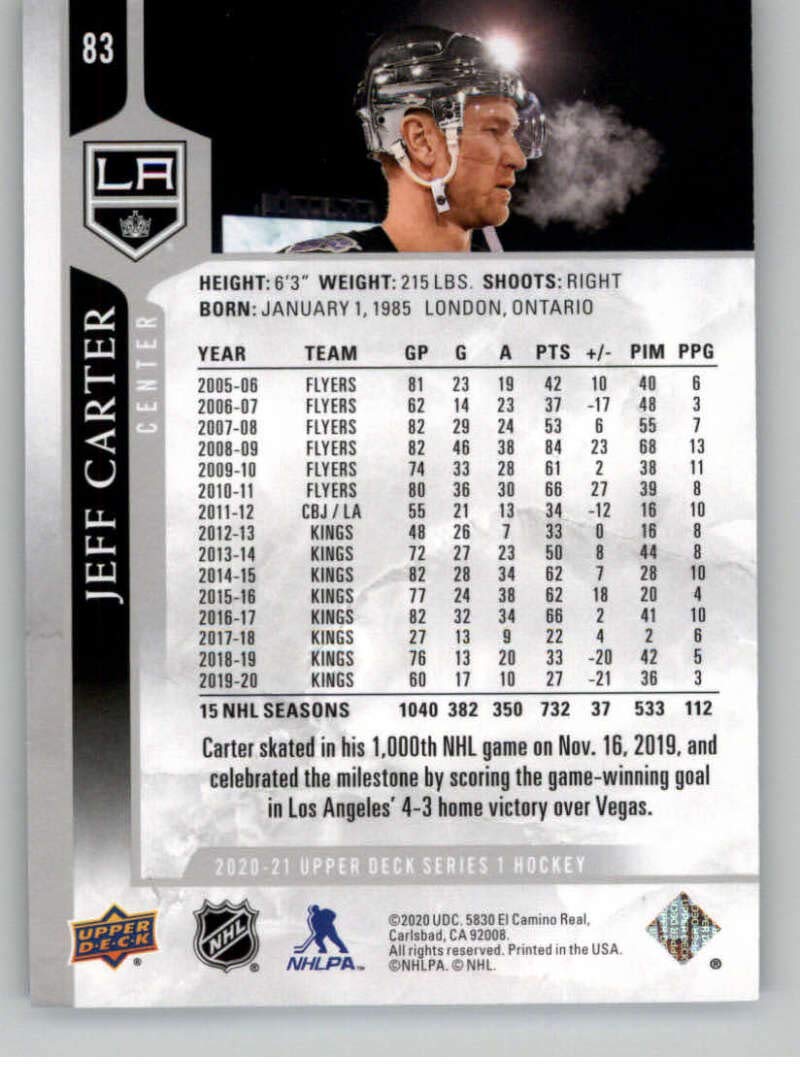 2020-21 Upper Deck #83 Jeff Carter Los Angeles Kings NHL Hockey Trading Card