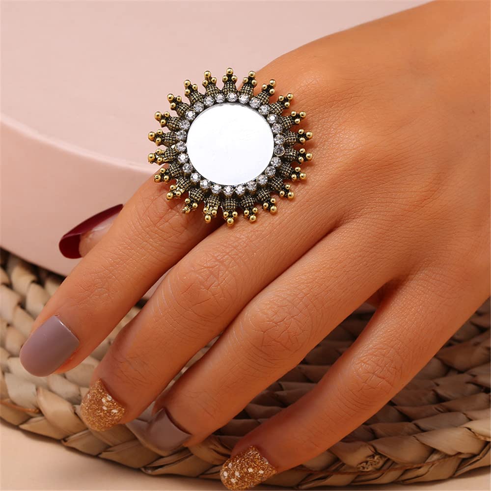 Dtja Vintage Mirror Sunflower Big Statement Ring for Women Oxidized Gold Plated Cubic Zirconia Adjustable Expandable Boho Round Open Band Rings Comfort Fit Indian Bollywood Cocktail Party Jewelry