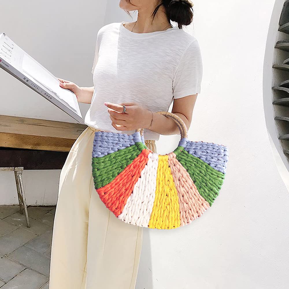 QTKJ Simple Retro Semi-circle Rattan Straw Bag Hand-Woven Round Women Straw Paper Handbag Summer Beach Bag Tote Straw Bag Purse (Colorful)