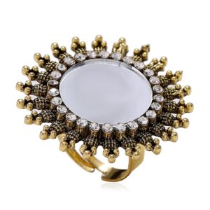 dtja vintage mirror sunflower big statement ring for women oxidized gold plated cubic zirconia adjustable expandable boho round open band rings comfort fit indian bollywood cocktail party jewelry