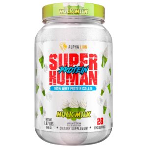 alpha lion superhuman whey protein powder, great tasting pure whey protein isolate, low carb, low sugar, no bloat post workout, muscle recovery & growth (28 servings, hulk milk)