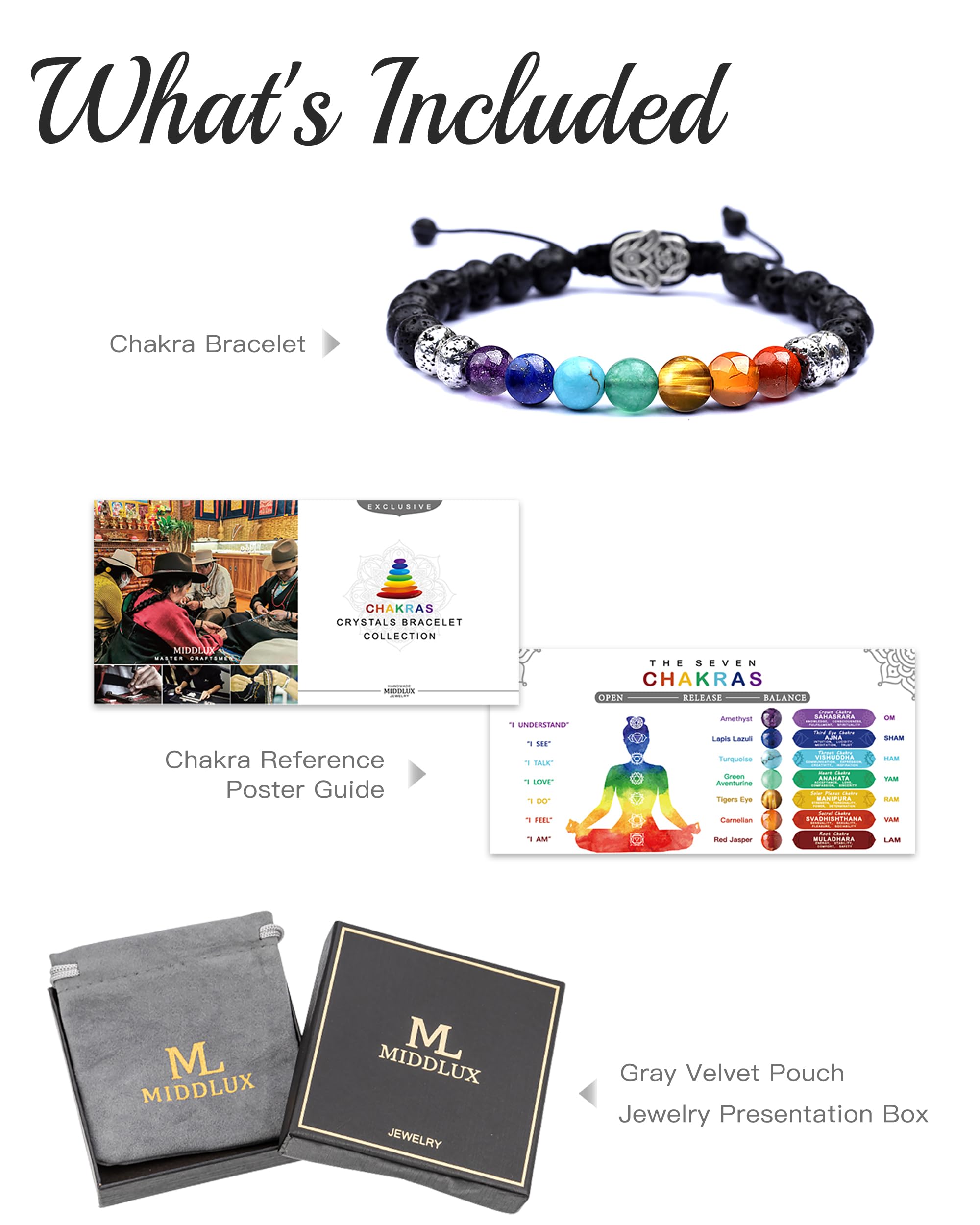 MIDDLUX Anxiety Relief Items, Chakra Bracelets, Crystals and Healing Stones, 7 Chakras Healing Crystals handmade bracelets, Yoga, Meditation, Stress Relief Gifts