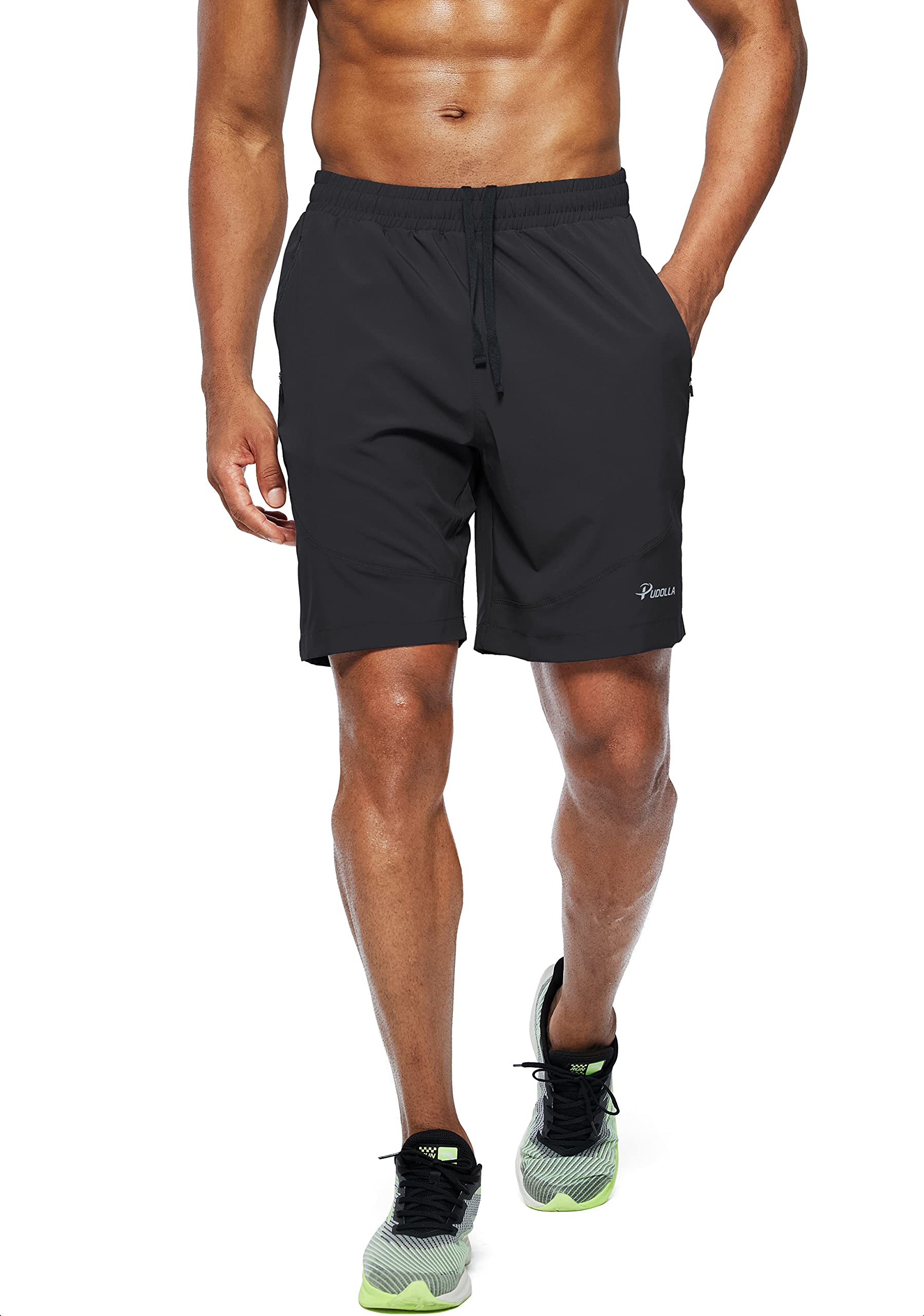 Pudolla Men's Workout Running Shorts Lightweight Gym Athletic Shorts for Men with Zipper Pockets (Black Medium)