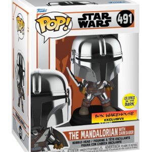 POP Funko Star Wars Mandalorian with Darksaber (Chrome & Glow in The Dark), Exclusive