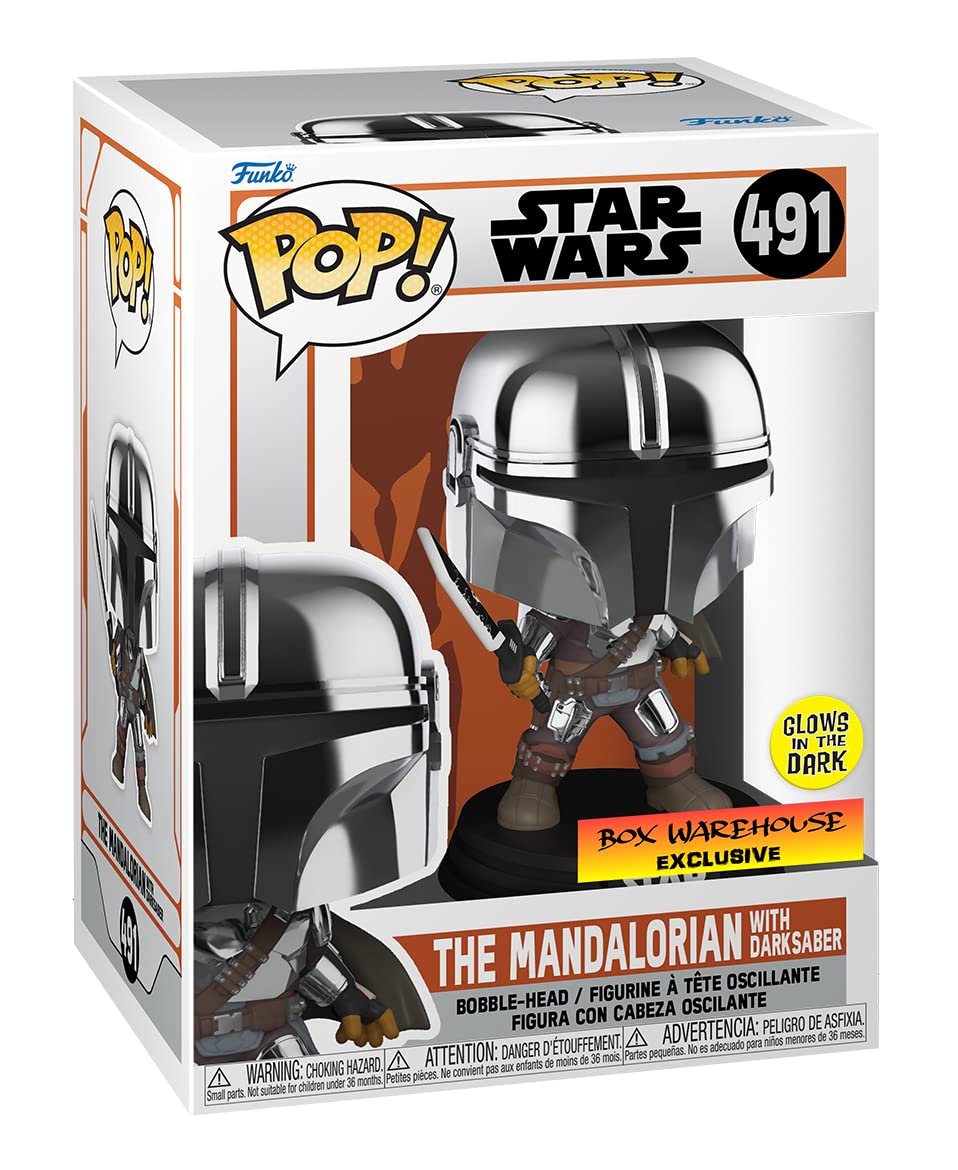 POP Funko Star Wars Mandalorian with Darksaber (Chrome & Glow in The Dark), Exclusive