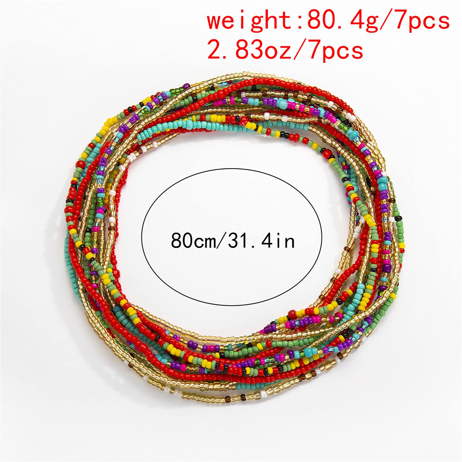 7Pcs Bohemian Colorful African Waist Beads Seeds Body Chain Set Boho Multi-Color Layered Elastic Stretchy String Beaded Belly Chain for Women Girlfriend Sexy Bikini Summer Beach Jewelry-A 7pcs