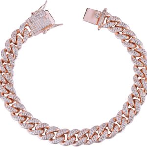 Apzzic 12mm Iced Out Cuban Link Chain Gold Plated Bracelet Hip Hop Bling Full CZ Lab Diamond Miami Bangle Bracelet for Women Men Rose Gold 8Inch