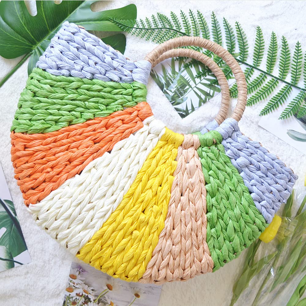 QTKJ Simple Retro Semi-circle Rattan Straw Bag Hand-Woven Round Women Straw Paper Handbag Summer Beach Bag Tote Straw Bag Purse (Colorful)