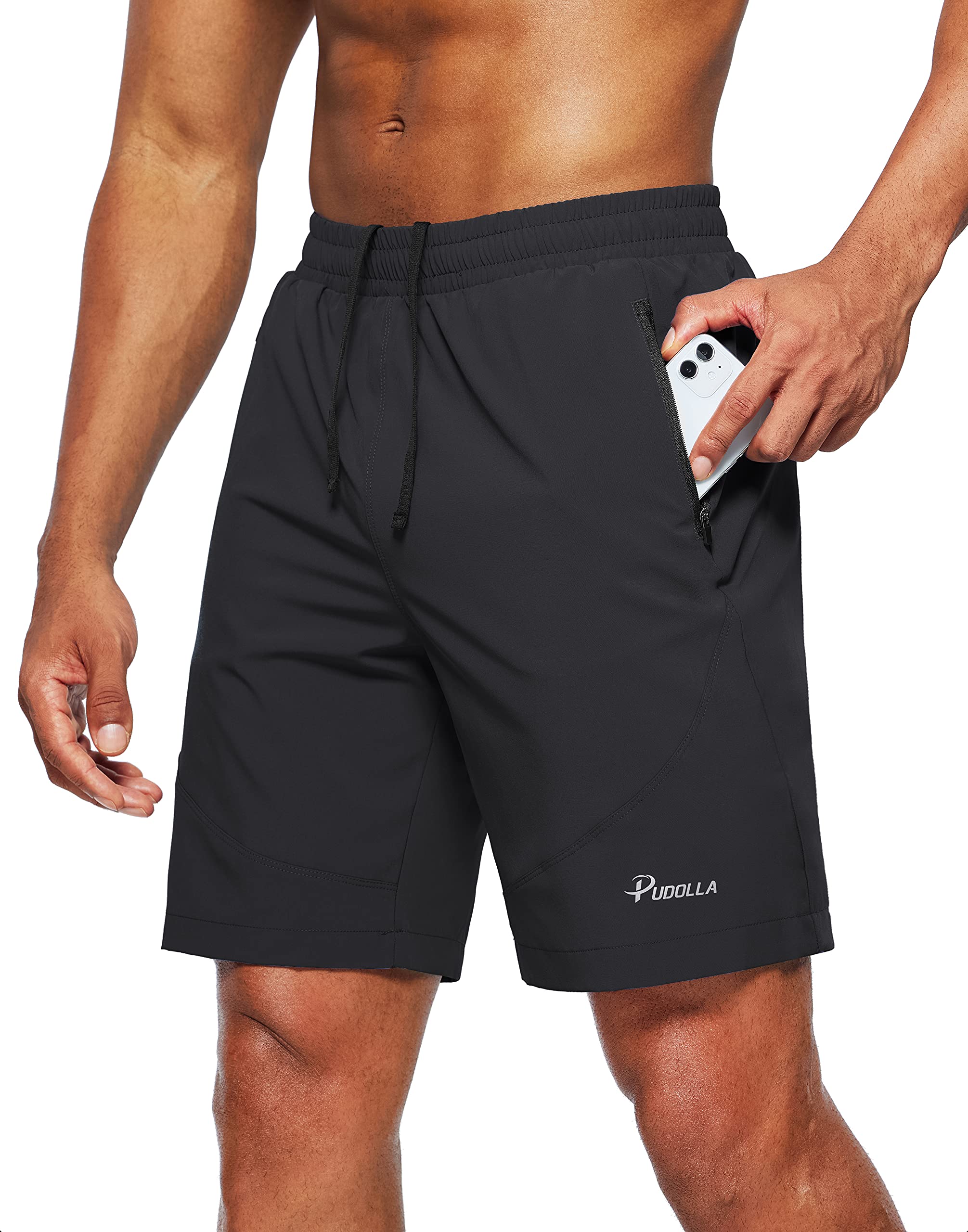 Pudolla Men's Workout Running Shorts Lightweight Gym Athletic Shorts for Men with Zipper Pockets (Black Medium)