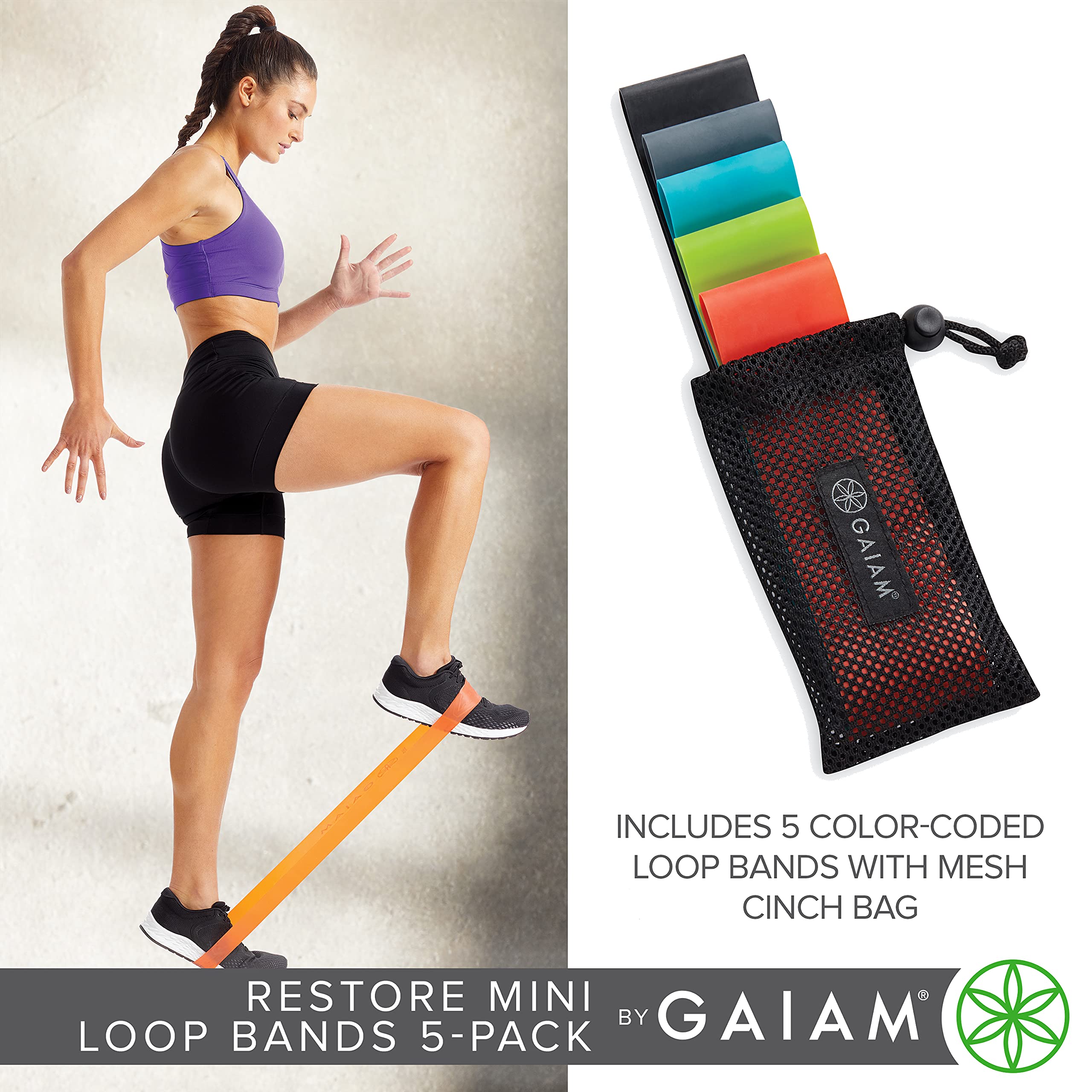 Gaiam Restore Mini Resistance Loop Bands - 5 Pack Booty Bands with 5 Resistance Levels - Loop Resistance Bands for Exercise and Rehab - Includes Guide and Carry Bag