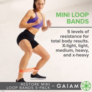 Gaiam Restore Mini Resistance Loop Bands - 5 Pack Booty Bands with 5 Resistance Levels - Loop Resistance Bands for Exercise and Rehab - Includes Guide and Carry Bag