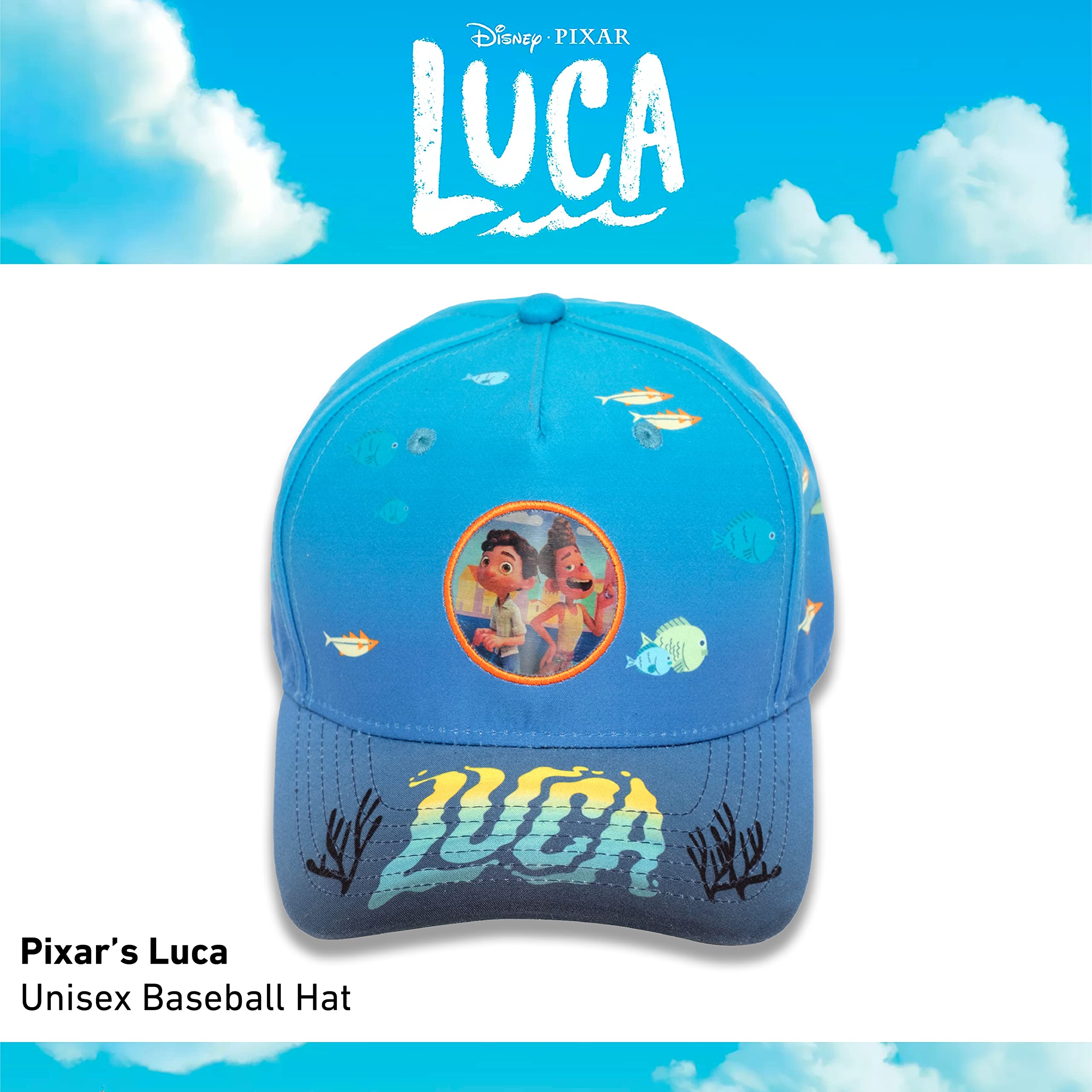 Disney Pixar Luca Cotton Adjustable Baseball Hat with Curved Brim and Embroidered Patch, Blue, One Size