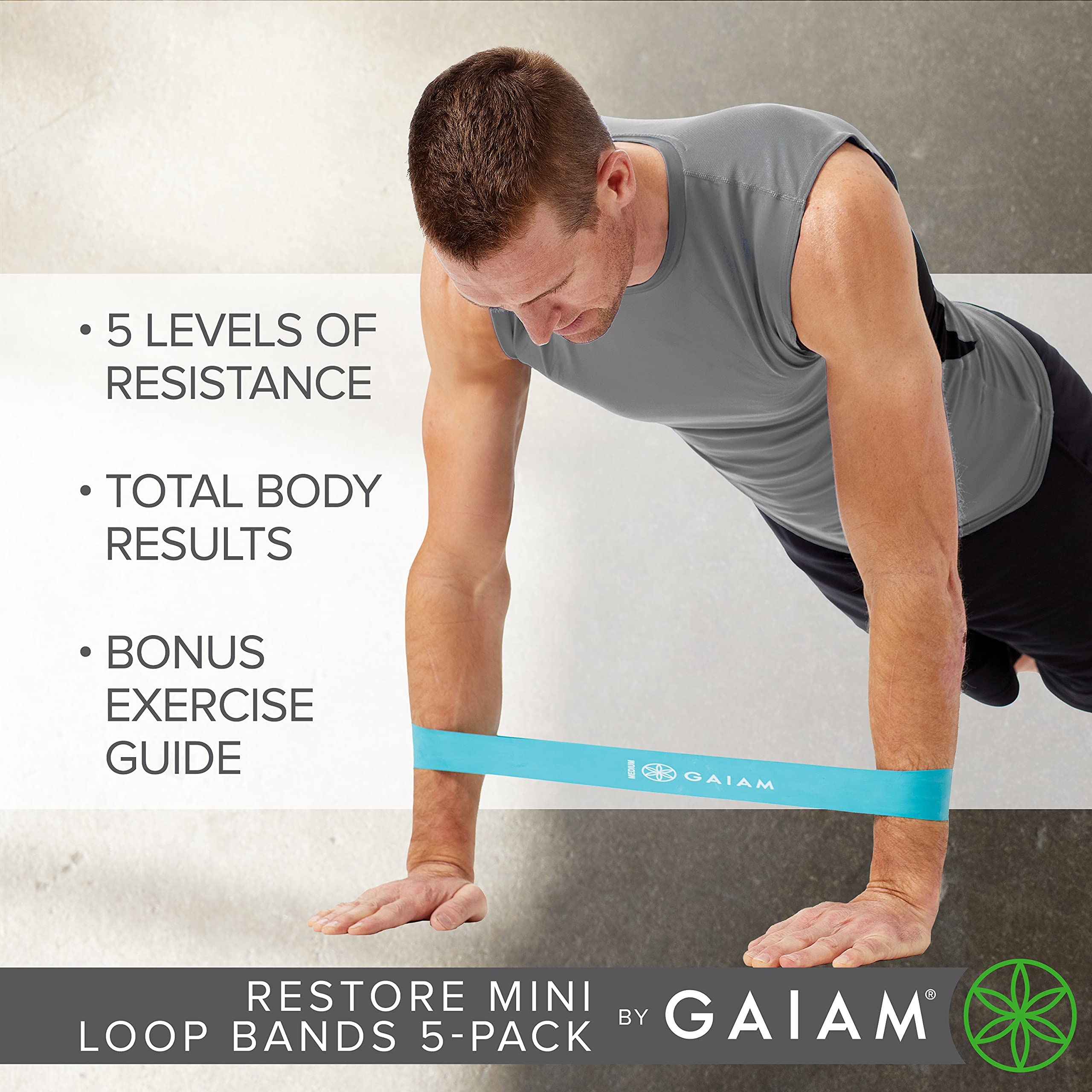 Gaiam Restore Mini Resistance Loop Bands - 5 Pack Booty Bands with 5 Resistance Levels - Loop Resistance Bands for Exercise and Rehab - Includes Guide and Carry Bag