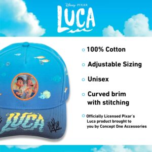 Disney Pixar Luca Cotton Adjustable Baseball Hat with Curved Brim and Embroidered Patch, Blue, One Size