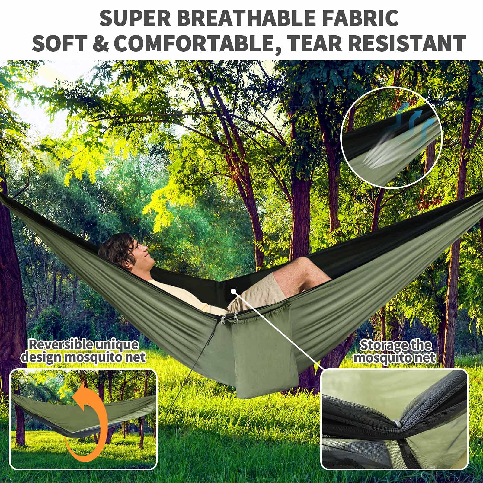 gymolo Camping Hammock - Hammocks with Mosquito Net Tent and Rain Fly Tarp, Portable Single & Double Nylon Parachute Hammock with Heavy Duty Tree Strap, Indoor Outdoor Backpacking Survival Travel