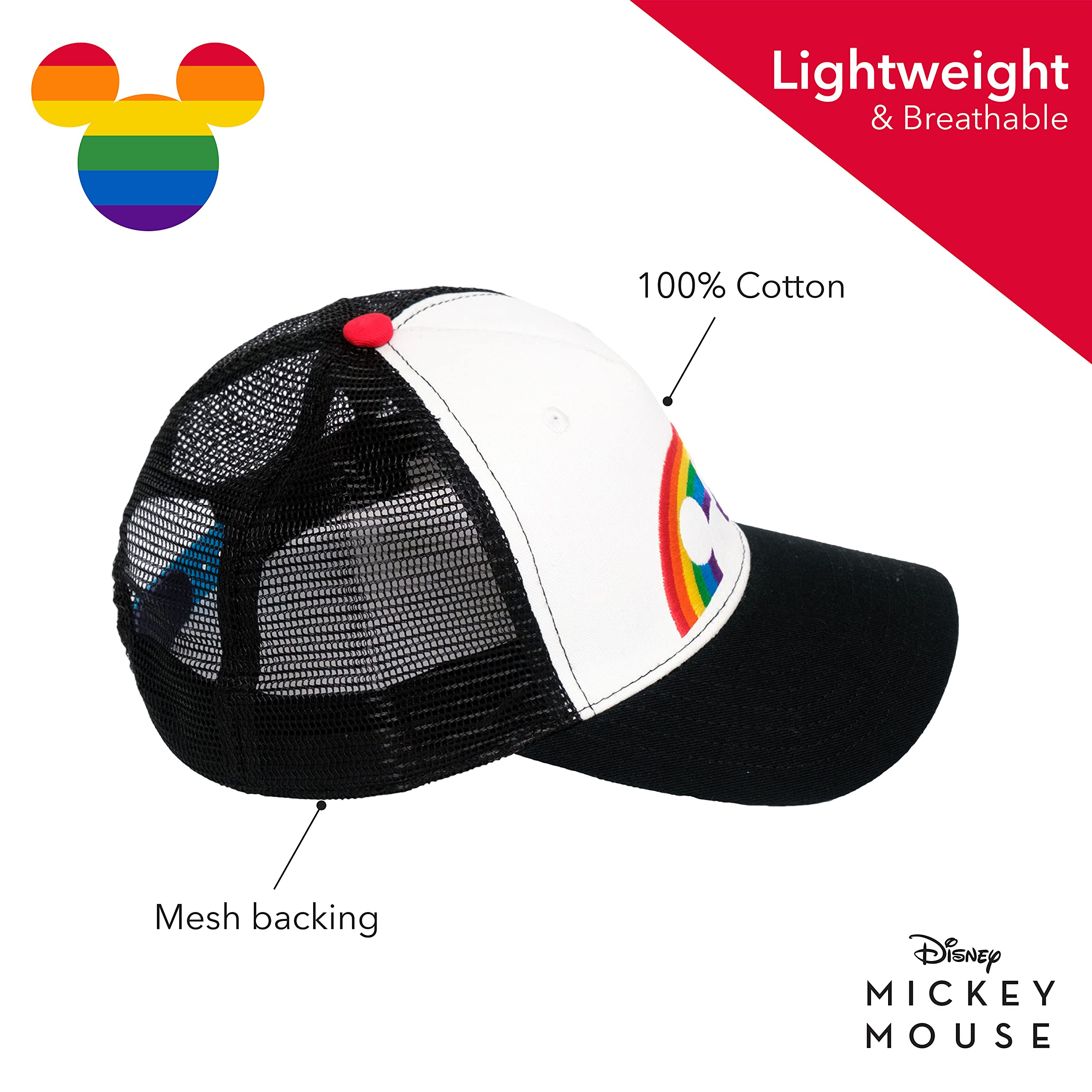 Disney Mickey Mouse Trucker Hat, Rainbow Pride Mesh Back Snapback Baseball Cap, Black and White, One Size