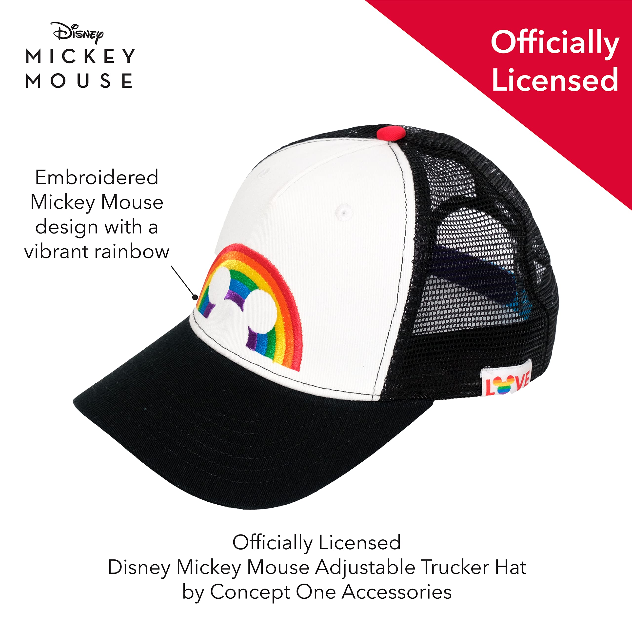 Disney Mickey Mouse Trucker Hat, Rainbow Pride Mesh Back Snapback Baseball Cap, Black and White, One Size