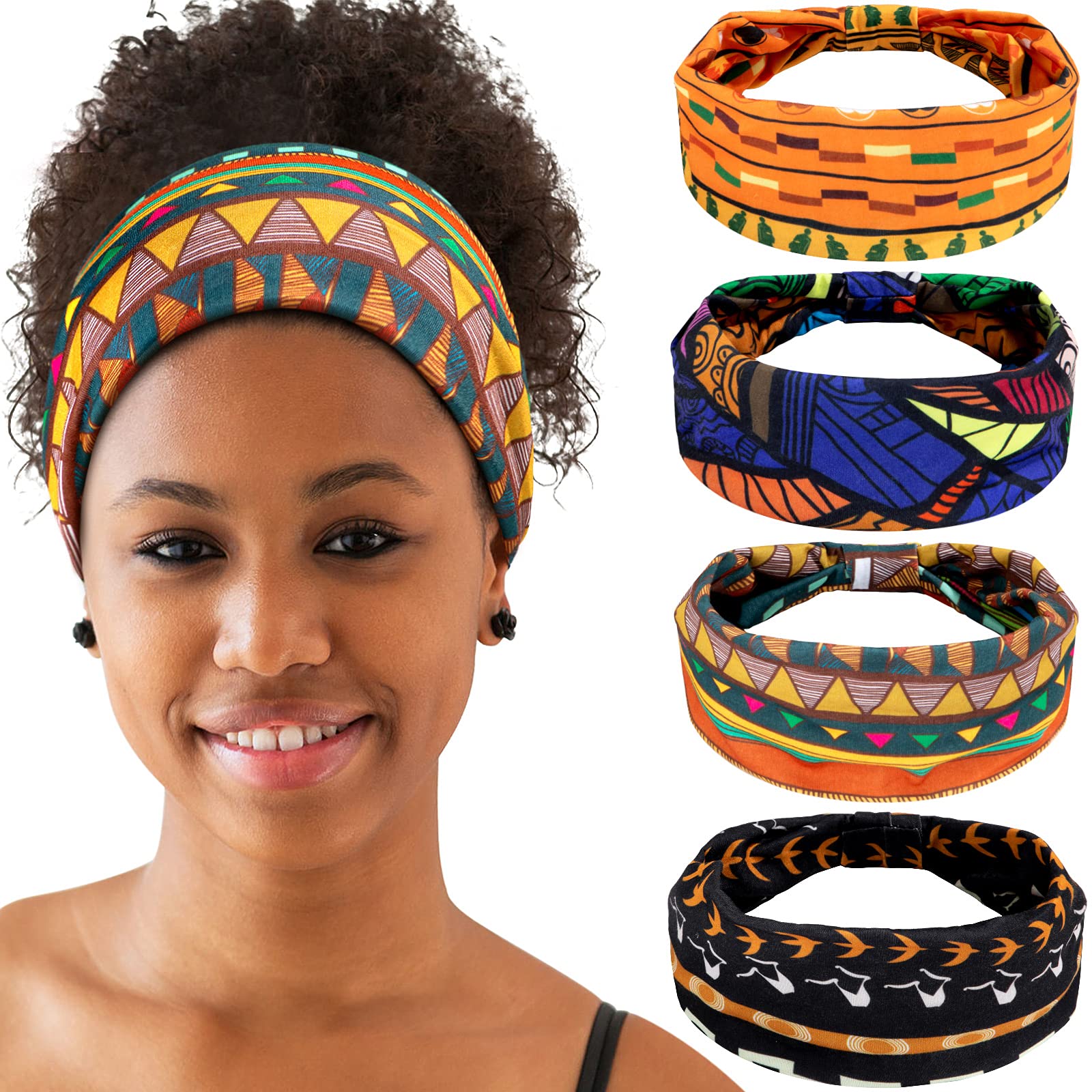 WILLBOND 4 Pieces African Headbands Yoga Headband Stretchy Wide Knotted African Hair Band Hair Accessories for Women and Girls (Vintage Series)