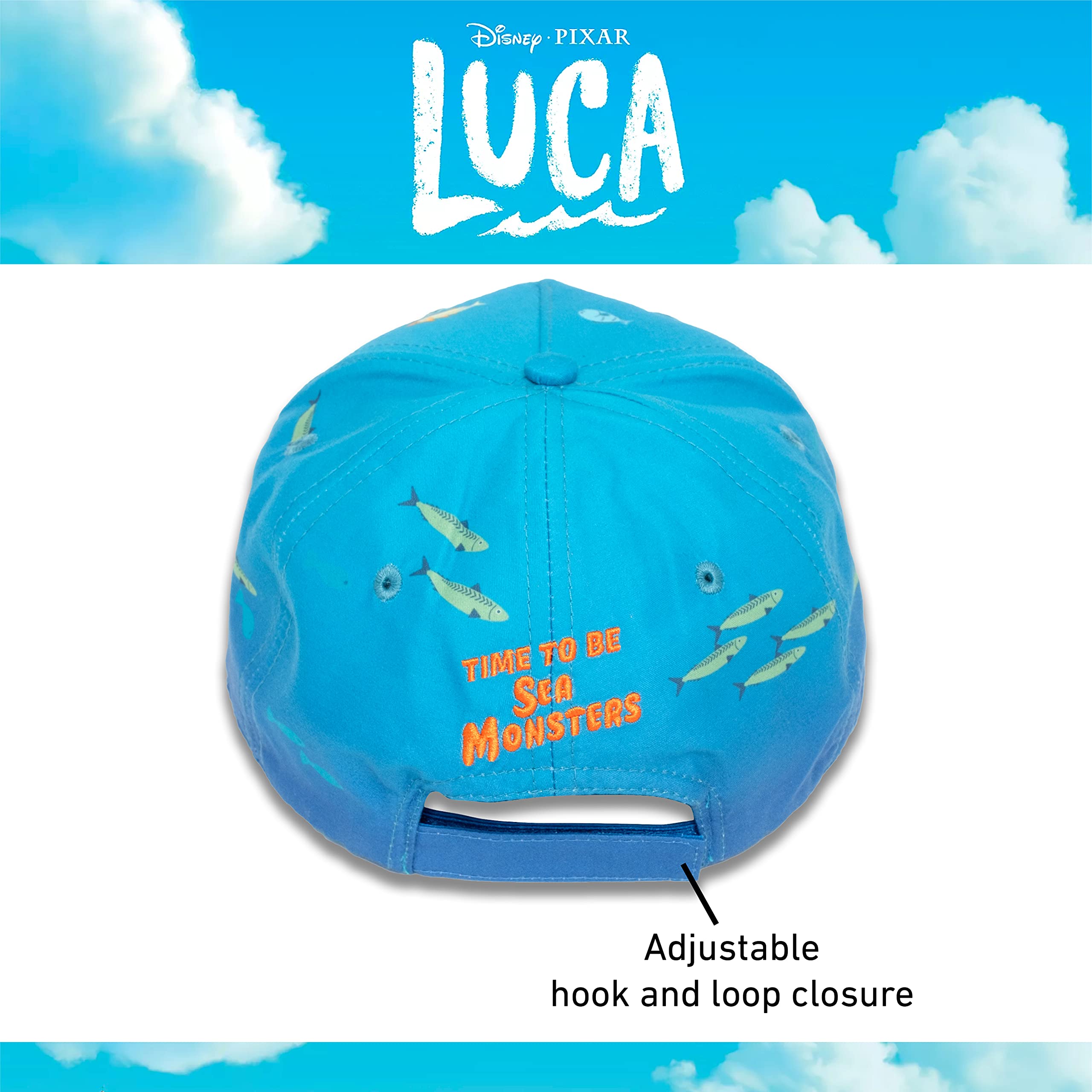 Disney Pixar Luca Cotton Adjustable Baseball Hat with Curved Brim and Embroidered Patch, Blue, One Size